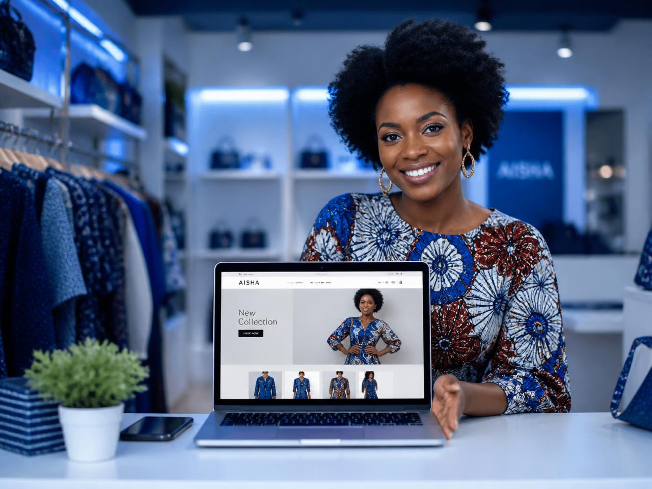 Commerçante présentant son site créé avec Makeloc sur un ordinateur portable
